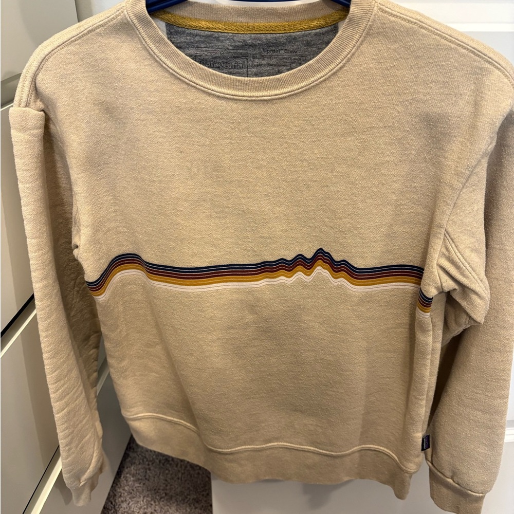 Patagonia Beige Crewneck Sweater with Colorful Stripe